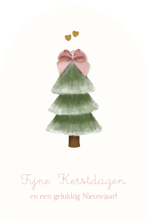 Boogvorm kerstkaart met stoffen strikje – zachte kerstboom