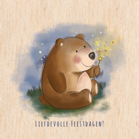 Kerstkaart van hout met een lief beertje en sterretjes