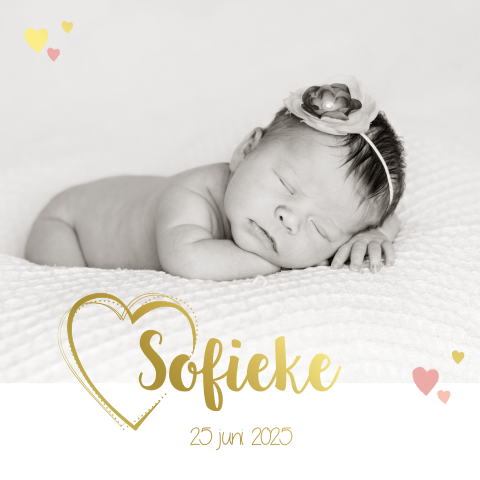 Hippe geboortekaart met eigen foto en goudfolie hartjes Sofieke