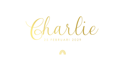 Minimalistisch geboortekaartje regenboog en sierlijke goudfolie naam – Charlie