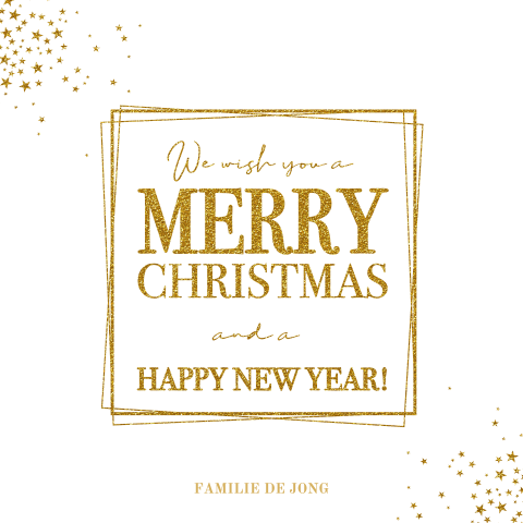 Moderne stijlvolle kerstkaart met goudkleurige glitter tekst