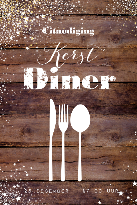 Stoere uitnodiging kerstdiner robuust hout en witte sterren