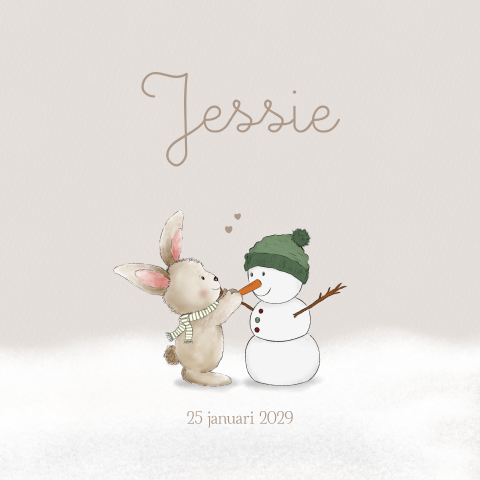 Geboortekaartje winter • Konijntje & sneeuwpop • Beige – Jessie