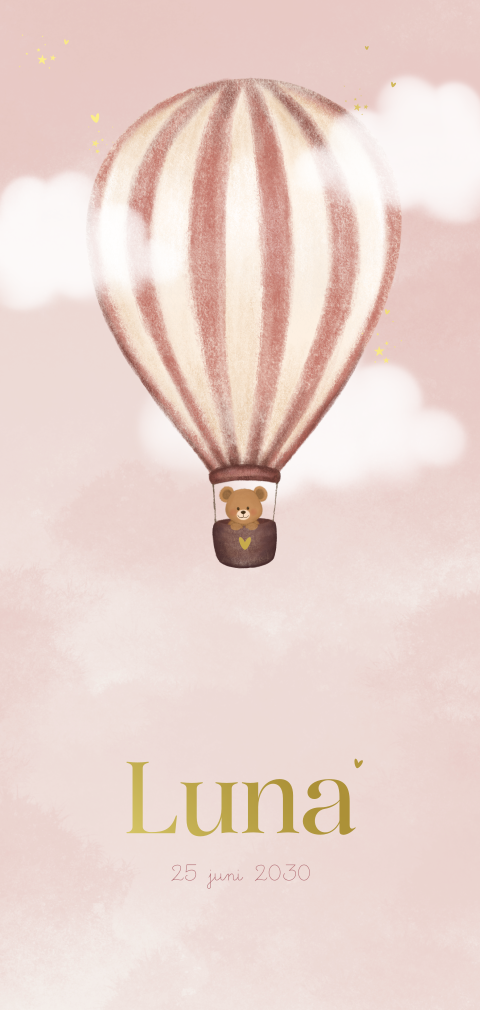 Geboortekaartje meisje roze met beertje in luchtballon en goudfolie