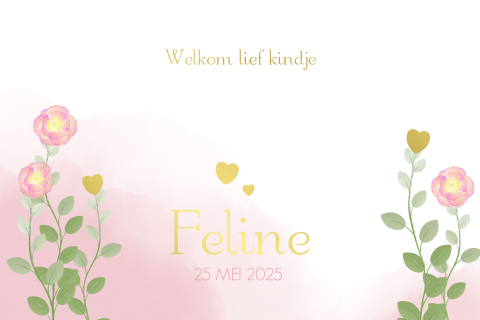 Geboortekaart waterverf bloemen en goudfolie hartjes
