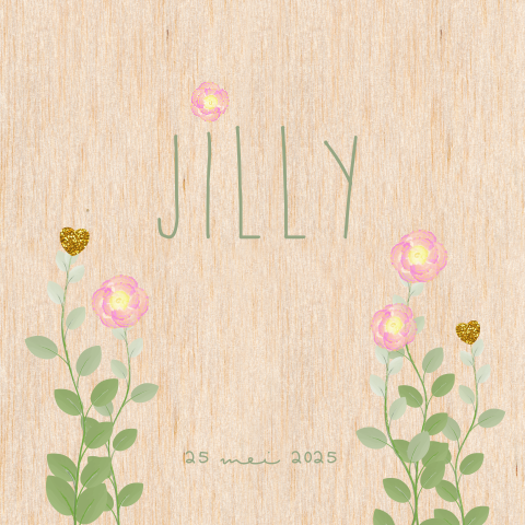 HOUT Lief geboortekaartje waterverf bloemen Jilly