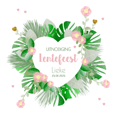 Lentefeest uitnodiging botanische stijl bloemen en hartjes