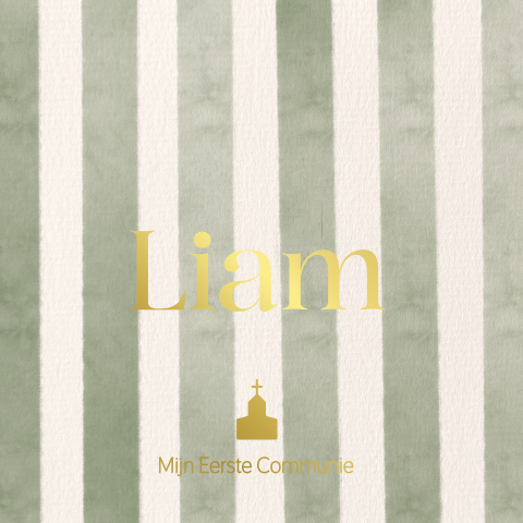 Communiekaart met olijfgroene strepen en goudfolie - Liam