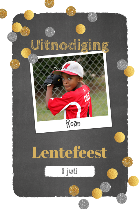 Uitnodiging lentefeest jongen met eigen foto  en confetti