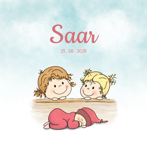 Geboortekaartje derde kindje – Lieve tekening met zusjes en baby