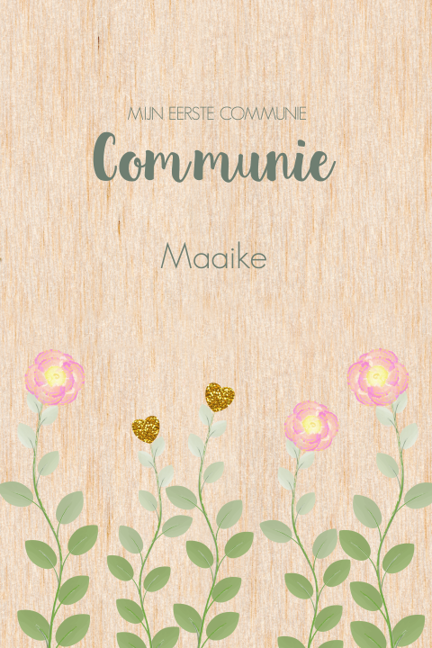 HOUT Uitnodiging communie waterverf bloemen en hartjes