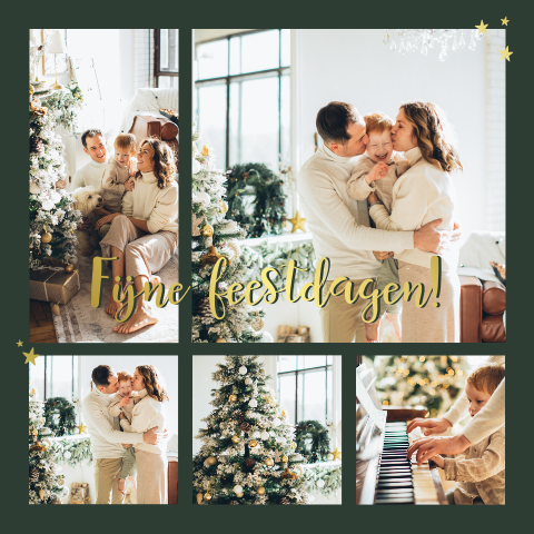 Kerstkaart fotocollage donkergroen met goudfoliesterren