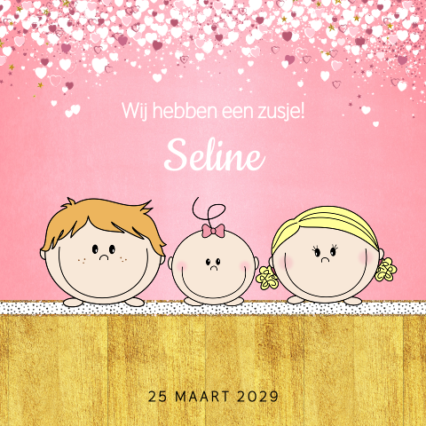 Geboortekaartje meisje zusje sterretjes en hartjes Seline