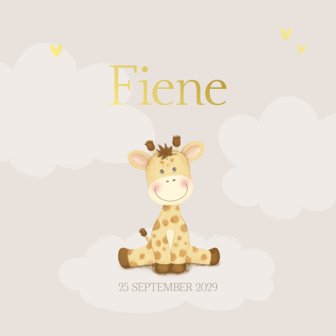Geboortekaartje girafje op wolkje met goudfolie – naturel - Fiene