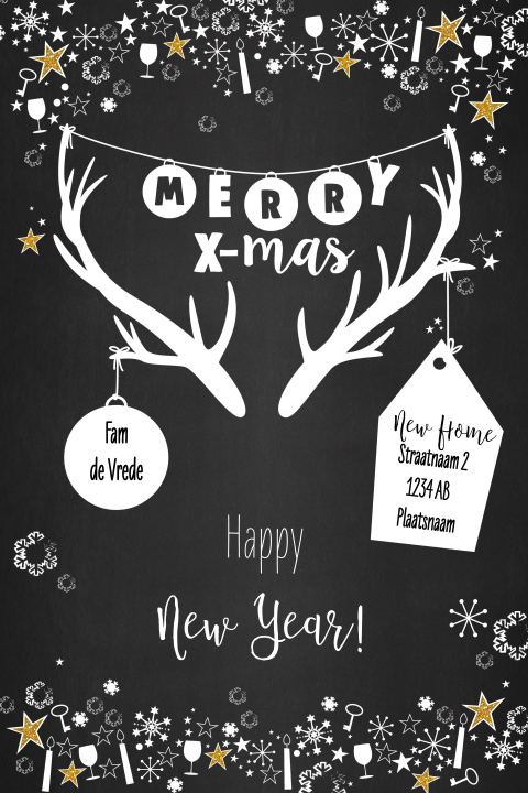 Kerst verhuiskaart zwart wit met rendier gewei en versiering