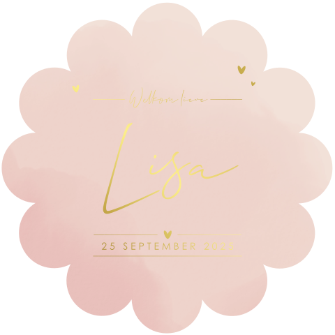 Origineel geboortekaartje meisje – Bloemvorm met goudfolie hartjes