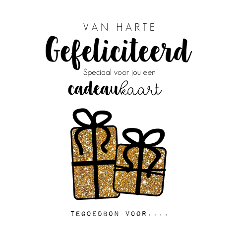 Verjaardagskaart tegoedbon kaart zwart-wit met goudkleurige cadeautjes