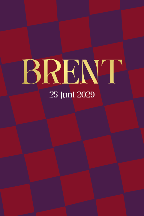 Stoer geboortekaartje jongen rood-paars ruitpatroon en goudfolie