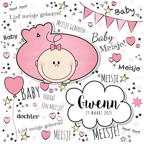 Hip geboortekaartje meisje roze handlettering Gwenn