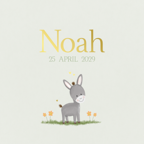 Geboortekaartje ezeltje Noah met goudfolie en ruimte voor foto