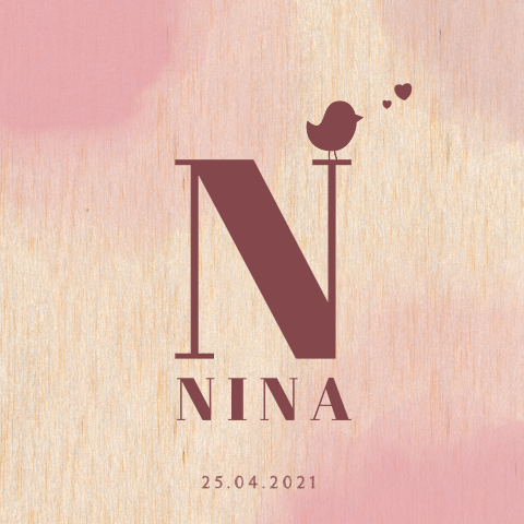 HOUT Geboortekaart meisje waterverf en silhouet vogel Nina