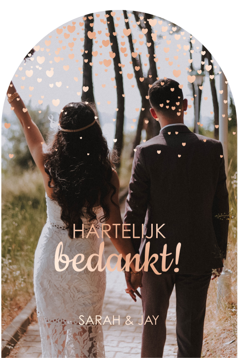 Bedankkaart bruiloft boogvorm met foto en roze hartjesregen