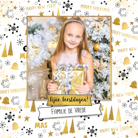 Hippe foto kerstkaart met een feestelijke achtergrond