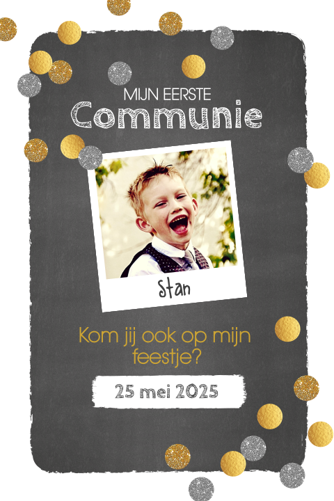 Stoere communiekaart met eigen foto en feestelijke confetti