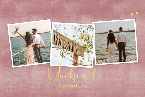 Bedankkaart huwelijk met oudroze velvet-look en goudfolie