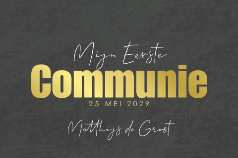 Stoere Communie uitnodiging voor jongens met goudfolie bedrukking