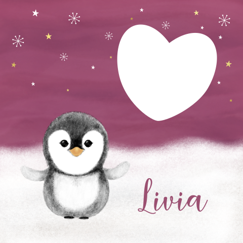 Winter geboortekaartje meisje met pinguïnr en hartvomige uitsnede 