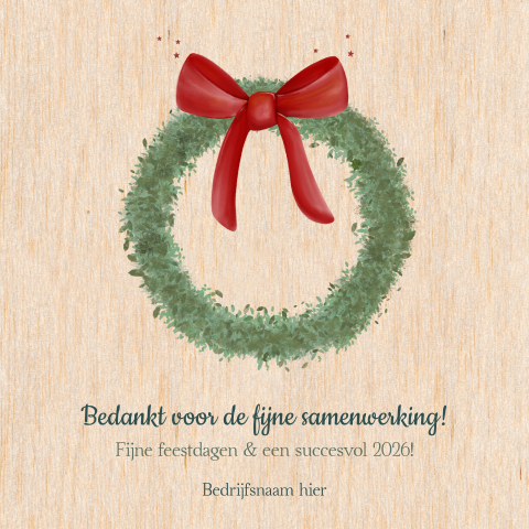 Houten kerstkaart met krans en rode strik –Zakelijke kerstkaart