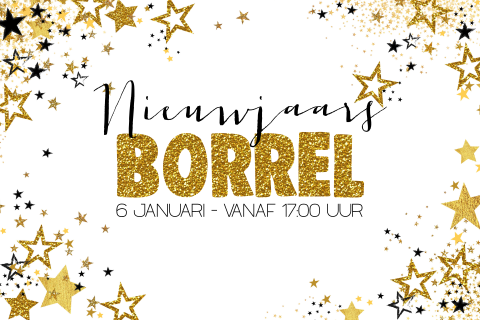 Feestelijke uitnodiging nieuwjaarsborrel goud glitter sterren