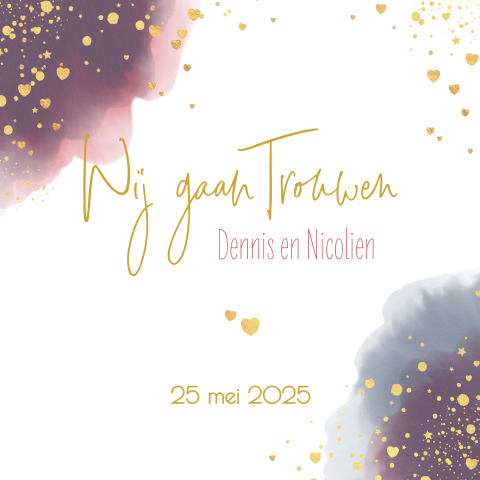 Hippe trouwkaart waterverf goudkleur hartjes en stippen