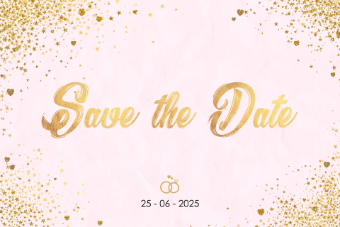 Save the date romantisch en feestelijk met gouden hartjes en sterren