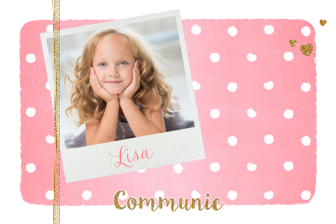 Schattige roze communiekaart met witte stippen en eigen foto