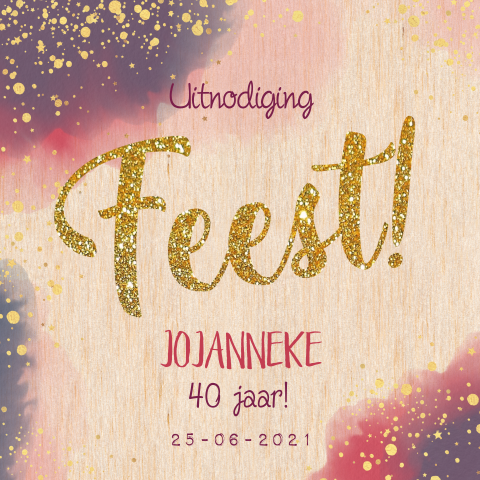 HOUT Uitnodiging verjaardagsfeest waterverf gouden verfspatten