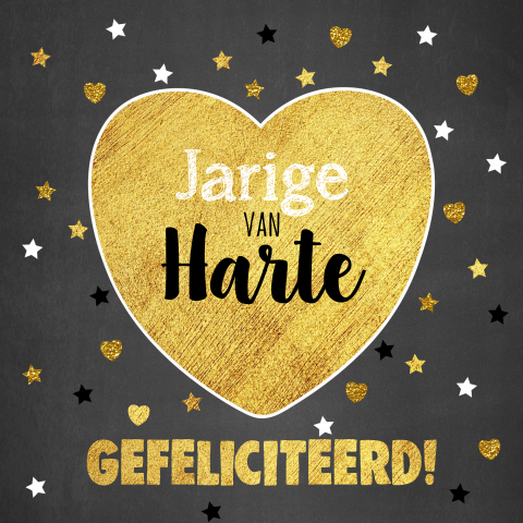 Verjaardagskaart krijtbord goud hart en confetti