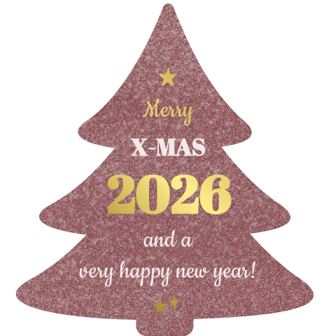 Feestelijke kerstkaart 2026 kerstboomvorm - sneeuwpatroon goudfolie
