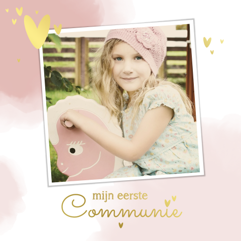 Hip en lief communiekaartje meisje met foto en goudfolie