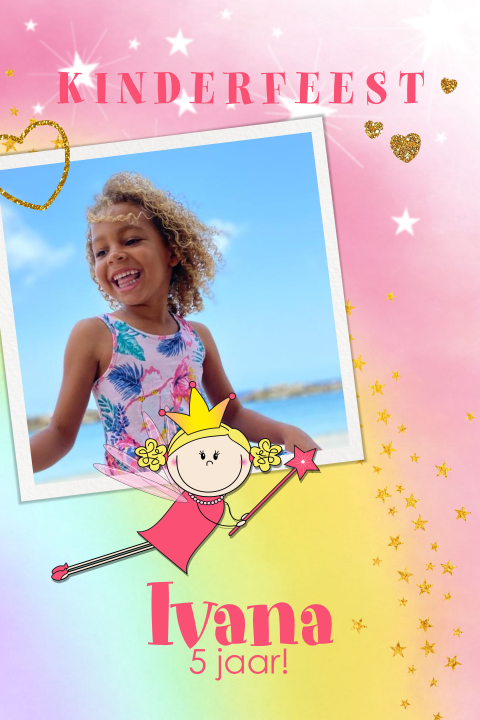 Uitnodiging kinderfeestje met foto meisje regenboog en fee