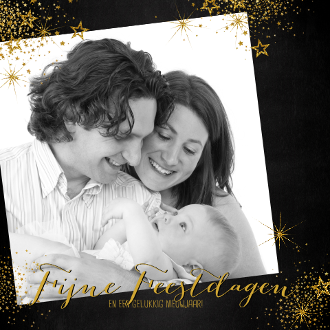 Feestelijke stoere zwarte kerstkaart met eigen foto en sterren