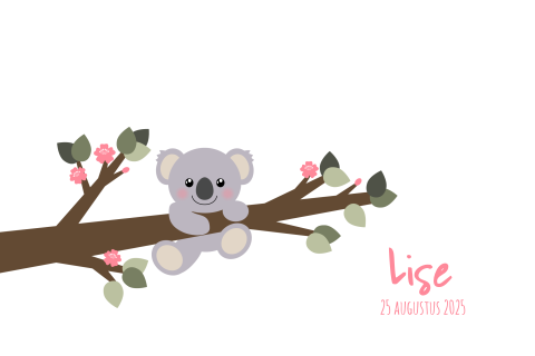 Geboortekaart meisje met lief koalabeertje aan een tak Lise