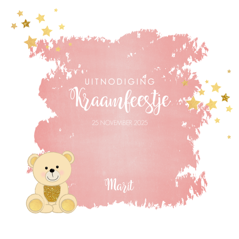 Kraamfeest lief roze kaartje met beertje Marit
