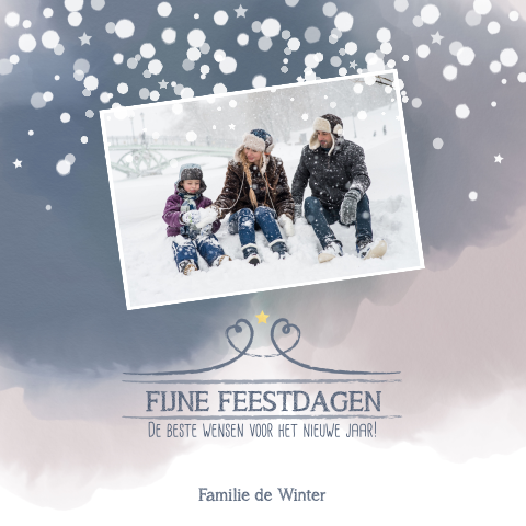 Trendy kerstkaart foto blauw roze waterverf en sneeuwvlokken