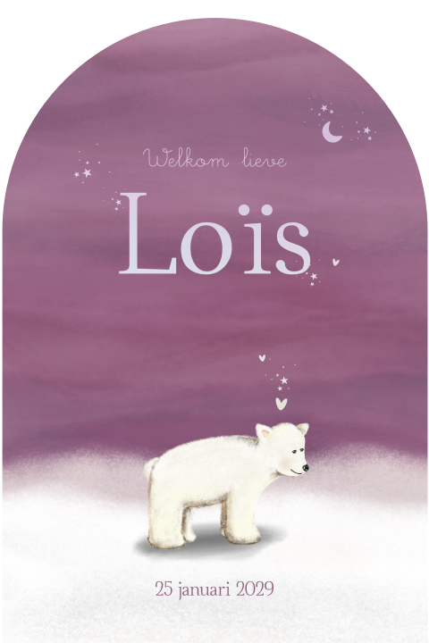 Boogvorm geboortekaartje ijsbeer met holografische folie – Loïs