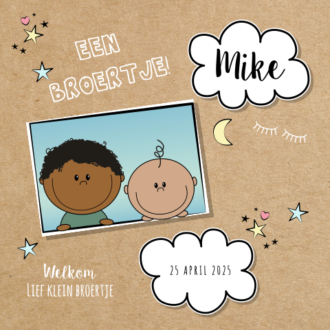 Hip geboortekaartje broertje kraft met illustratie kindjes Mike