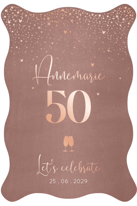 Uitnodiging 50 jaar vrouw – feestelijke golfrand en goudfolie hartjes