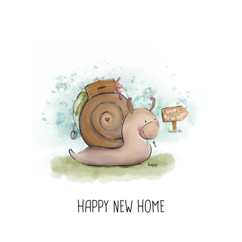 Felicitatie nieuw huis grappige tekening slak met een sleutel