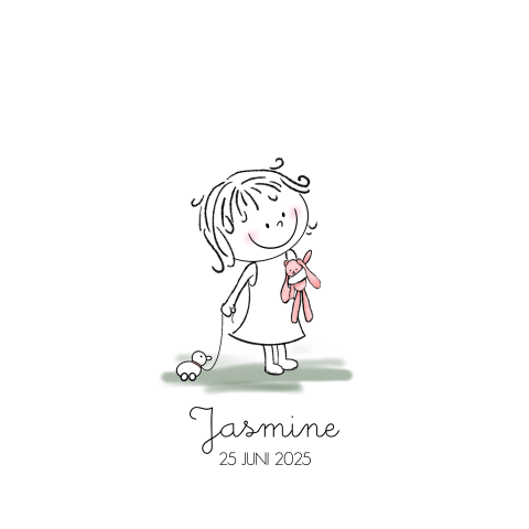 Geboortekaartje meisje lief getekend kindje met konijn en eendje